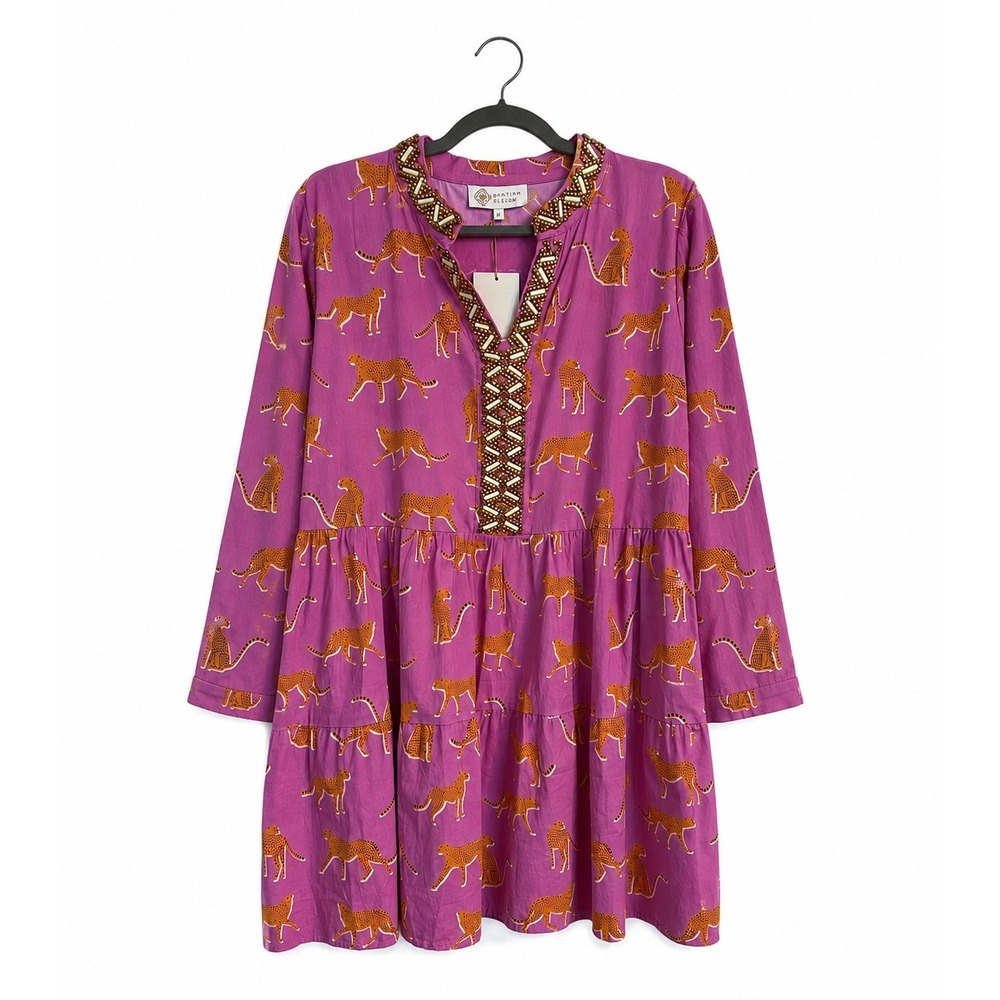 Sheridan French Abigail‎ Dress XL Pink Cheetah Beaded Tiered Midi Whimsical NWT